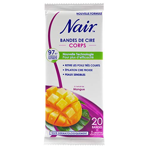 Nair - 20 tiras de mango de cera fría - eliminación de piernas - ultra rápido y eficaz en cabello muy corto - 2 paños