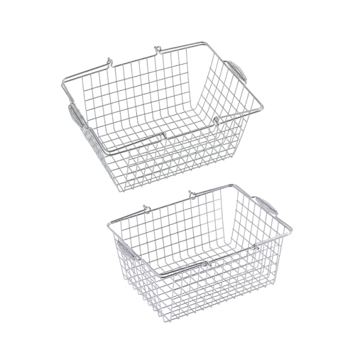 AIMALL 2PCS Metal Shopping Baskets with Foldable Handles, Portable Wire Grocery Baskets Set, Large 14.9 x 11 x 6.6in and Small 11 x 8.6 x 5.3in, Durable Iron Grid Design