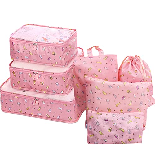 GUIFIER 7 PCS cubos de embalaje para maletas, bolsas organizadoras de equipaje de viaje, organizador de equipaje de mano, bolsas de almacenamiento, bolsas de viaje de compresión de cubos (gato rosa) Cover