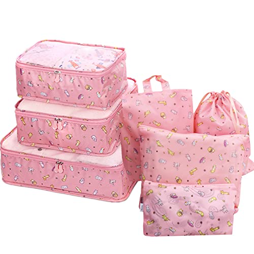 GUIFIER 7 Pack Packing Cubes Laundry Pouch, Travel Luggage Packing Organisers Bags, Luggage Storage Organiser, Travel Organizer Storage Bags, Travel Cubes Compression for Suitcases Backpack (Pink Cat)