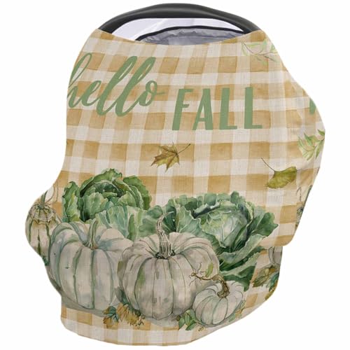 Nursing Cover for Breastfeeding Scarf, Vintage Pumpkin Fall Leaves Plaid Baby Car Covers Super Soft Multi Use for Canopy Shopping Cart Cover Blanket Stroller Cover