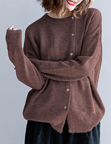 Yesno Women Casual Loose Fit Long Sleeve Sweater Obliquely Buttoned Knit Pullover Tops L Yq1 Coffee #TOP3