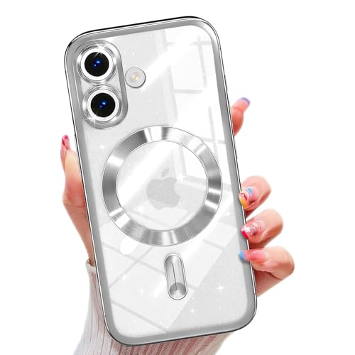 Image of Misscase for iPhone 17 Case with Privacy Screen Protector, Built-in Lens Protector, Compatible with MagSafe, Anti-Yellowing Shockproof TPU, Bling Glitter Electroplated Cover 6.3 inch Silver