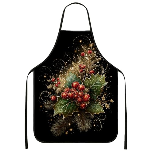 Grembiule da cucina vintage con agrifoglio, nero con motivo floreale natalizio, decorazione per le vacanze per barbecue, cuoco, lavoro, Nero, 24x31 Inch