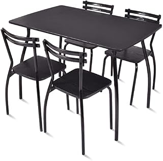 TANGZON Dining Table and 4 Chairs Set, 5 Piece Steel Frame Rectangular Kitchen Table with 4 Slatted Back Chairs, Dining Furniture for Home Living Dining Room (Wooden Top, Black)