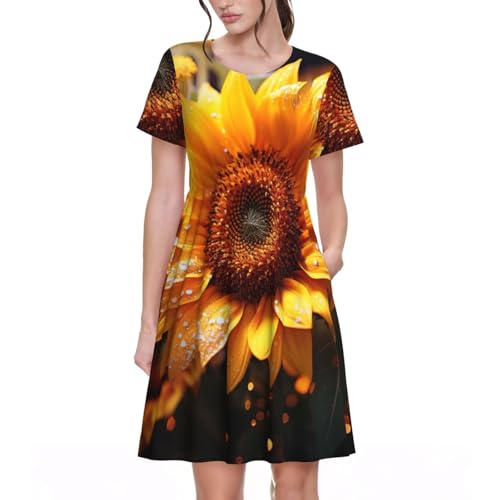 Robe d'été élégante pour femme à motif tournesol et manches courtes
