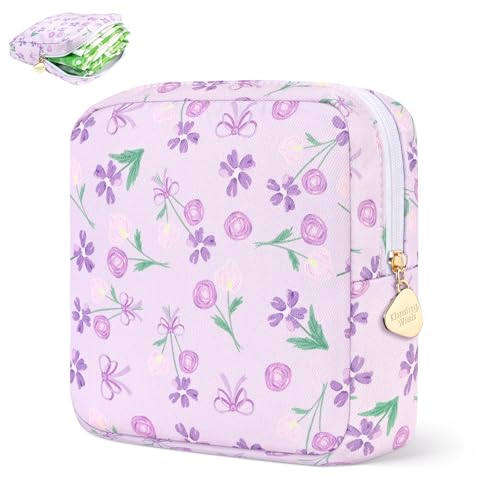 Image of Sanitary Pad Storage Bag Portable Period Bag for Teen Pads /Sanitary Napkins /Small Tampons, Sanitary Napkin Storage Bag First Period Gifts for Teen Girls (Purple Flower Bowknot)