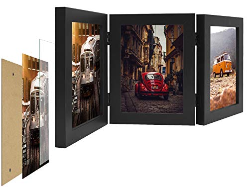 Frametory, 5X7 Triple Picture Frames Hinged 3 Photos Frame Collage, Three Picture Frames Multiple Desk Frame With Glass (Black, 1 Pack) #TOP4
