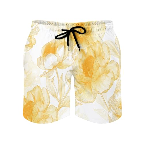 MGDIFYXAA Bañador Hombre Línea De Flores Amarillas Short de Playa Surf Secado Rapido Pantalones Cortos Cordon Bañadores Traje de Baño con Bolsillo y Forro de Malla Swimming Shorts S