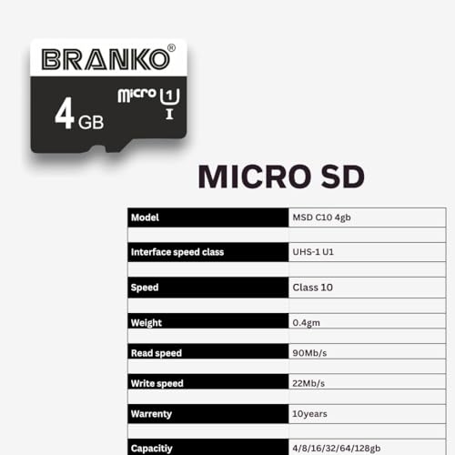 Image of BRANKO Micro SD Card 4 GB | Upto 120 MB /s Read | Class 10 Memory Card for 4K Video on Smartphones Tablets