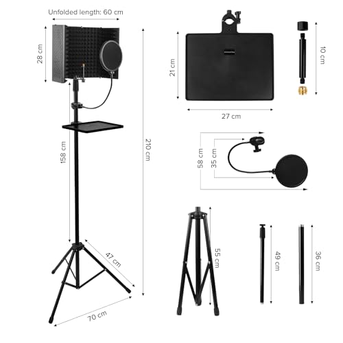 Image of Kadence MSTD801 Touring Series Mic Stand with 5-Panel Isolation Shield, Pop Filter & Tripod Base | Adjustable Height & Foldable Design | For Studio, Podcast & Voiceover Use | Black
