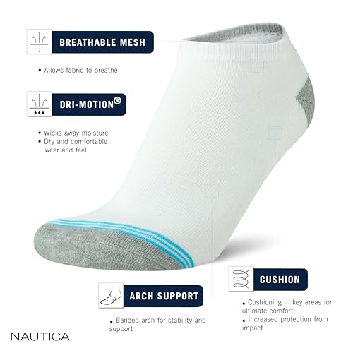 Image of Nautica Womens No Show Socks Moisture Wicking Low Cut Athletic Socks 6 Pack | Moisture Wicking Dri-Motion Fabric, Cushioned Key Areas, Banded Arch Support, No Show Low Cut, Shoe Size 4-10