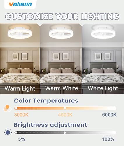 Image of VOLISUN 13 inch Small Ceiling Fans with Lights and Remote, Low Profile Ceiling Fans with Light, 3000K-6500K Dimmable LED Ceiling Light Flush Mount, Bladeless Fandelier Ceiling Fan (White)