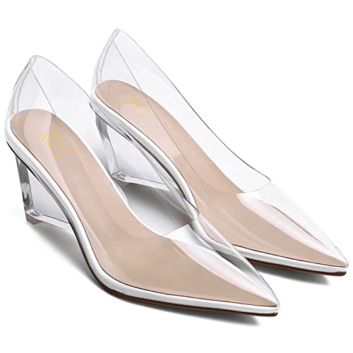 LEHOOR Women Clear Wedge Heel Pumps Pointed Toe Transparent Wedge Heels Slip On Sexy Dress Wedges Shoes Sandals Pointy Closed Toe Fashion Party Evening Wedding High Heels 3 Inch Size 8 M US
