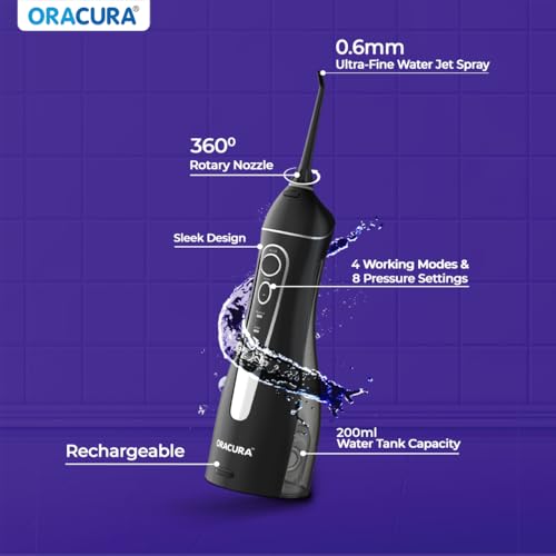 Image of ORACURA Smart PLUS Water Flosser OC200 LITE Black comes with 2 Nozzle tips | Portable & Rechargeable | Custom 8 Water Pressure Settings | 200ml Water Tank Capacity | IPX7 Waterproof | 365 Days Warranty