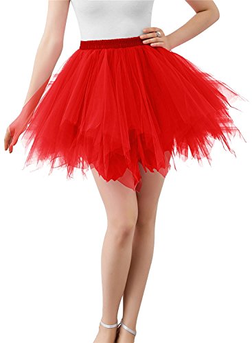 Karneval Damen 80er Puffy Tüllrock Tütü Röcke Tüll Petticoat(MEHRWEG), Rot, S-L