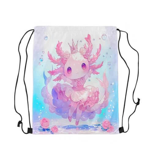 Erosebridal Princess Axolotl Drawstring Backpack 13x15.7 for Sport Gym Swim Yoga Camping Traveling Trip,Ballet Axolotl Drawstring Bags,Cute Salamander Draw String Back Bag,Sealife String Backpack3