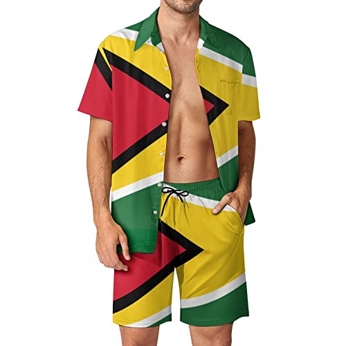Adugen Origei Summer Combo Men's Two Piece Matching Sets Guyana Flag Beach Suit Button-Up Shirt Hawaiian Shirt M