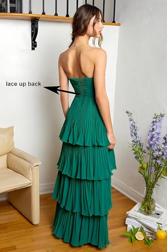 Image of Modest Strapless Tiered Prom Dress for Teens 2026 Elegant Ruffle Chiffon Flowy Puffy Long Evening Dresses