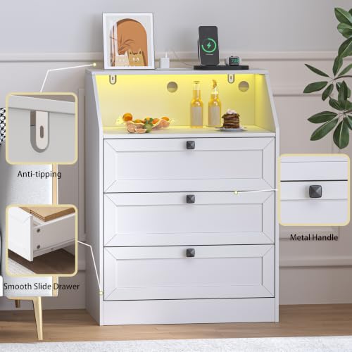 Image of Wodeer White Dresser 3 Drawer Nightstand, Wood Night Stand with LED Lights, Charging Station, Metal Handles, Modern Storage Cabinet and Organizer Drawers for Living Room, Hallway