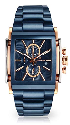 Yves Camani Escat - Reloj de pulsera para hombre, cronógrafo, analógico, cuarzo, carcasa de acero inoxidable, correa de acero inoxidable (azul y acero), acero inoxidable - azul, Pulser
