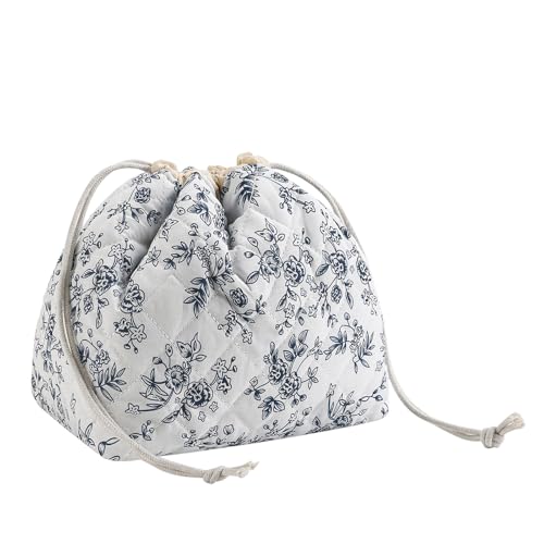 Bolsa de maquiagem acolchoada de algodão com cordão e forro de lona, bolsa de higiene pessoal fofa de viagem Coquette, bolsa de presente com cordão para mulheres e meninas, 16 azul escuro