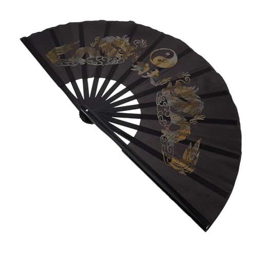 AMUSLESUR Abanico de Mano Plegable para Kung Fu y Taichi Diseño Vintage de Tela y Plástico para Actuaciones y Decoración en Festivales de Música