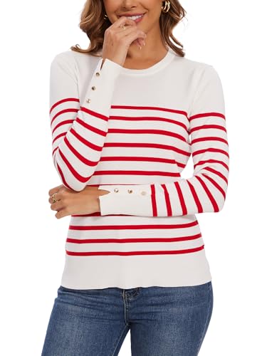 Image of Spicy Sandia Women's Long Sleeve Crewneck Sweaters Dressy Casual | Striped or Solid Available, Classic, Business Casual Tops for Office Work