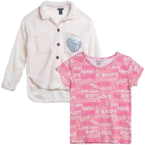 Instagirl Girls' Shirt Jacket Set - 2 Piece Cozy Sherpa Fleece Shacket and T-Shirt - Youth Clothing Set for Girls (7-16), Size 7-8, White Heart Cover