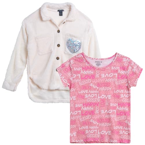 Instagirl Girls' Shirt Jacket Set - 2 Piece Cozy Sherpa Fleece Shacket and T-Shirt - Youth Clothing Set for Girls (7-16), Size 7-8, White Heart
