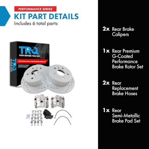 Image of TRQ Performance Rear Brake Pad and Rotor Set Semi Metallic Slotted Drilled Coated Rotors Calipers Compatible with 2013-2015 Toyota Avalon 2012-2017 Camry