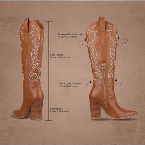 Image of VOMIRA Knee High Cowboy Boots for Women Pointed Toe Chunky High Heels Pull-on Embroidered Boots Western Boots Wide Calf Cowgirl Boots