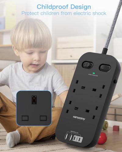 Black Extension Lead 5M, Extension Cable with 4 Way Outlets 4 USB Slots(2 USB C), Surge Protected Extension Lead with Double Switches, 15Ft Braided Extension Cord for Office Home Accessories - Image 4