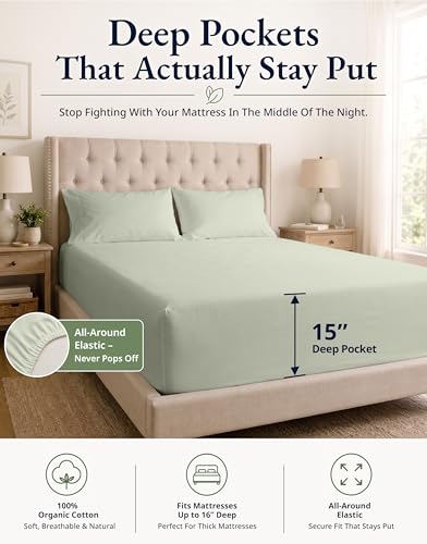 Image of LANE LINEN 100% Organic Cotton Fitted Bed Sheets Queen Size (+Pillowcases) Soft & Comfy Percale Weave Fully Elasticized Low Pilling Fade Resistant Deep Pocket Fits Mattress Upto 15 inch - Mineral