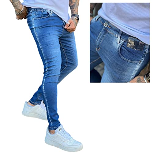 Calça Masculina Jeans Skinny Destroyed Lycra Premium Confort Tamanho:40;Cor:Azul-15530-A1
