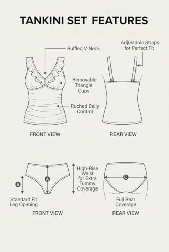 Image of Yonique Womens Two Piece Swimsuits - Ruffle Flounce Tankini Tummy Control Bathing Suits V Neck Swimwear