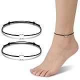 Pack de 2 Tobilleras para Mujer con Corazón de Plata, Pulseras de Hilo Trenzado Negro Ajustables, Tobillera de Cuerda Hecha a Mano, Joyería de Verano para Pies y Muñecas
