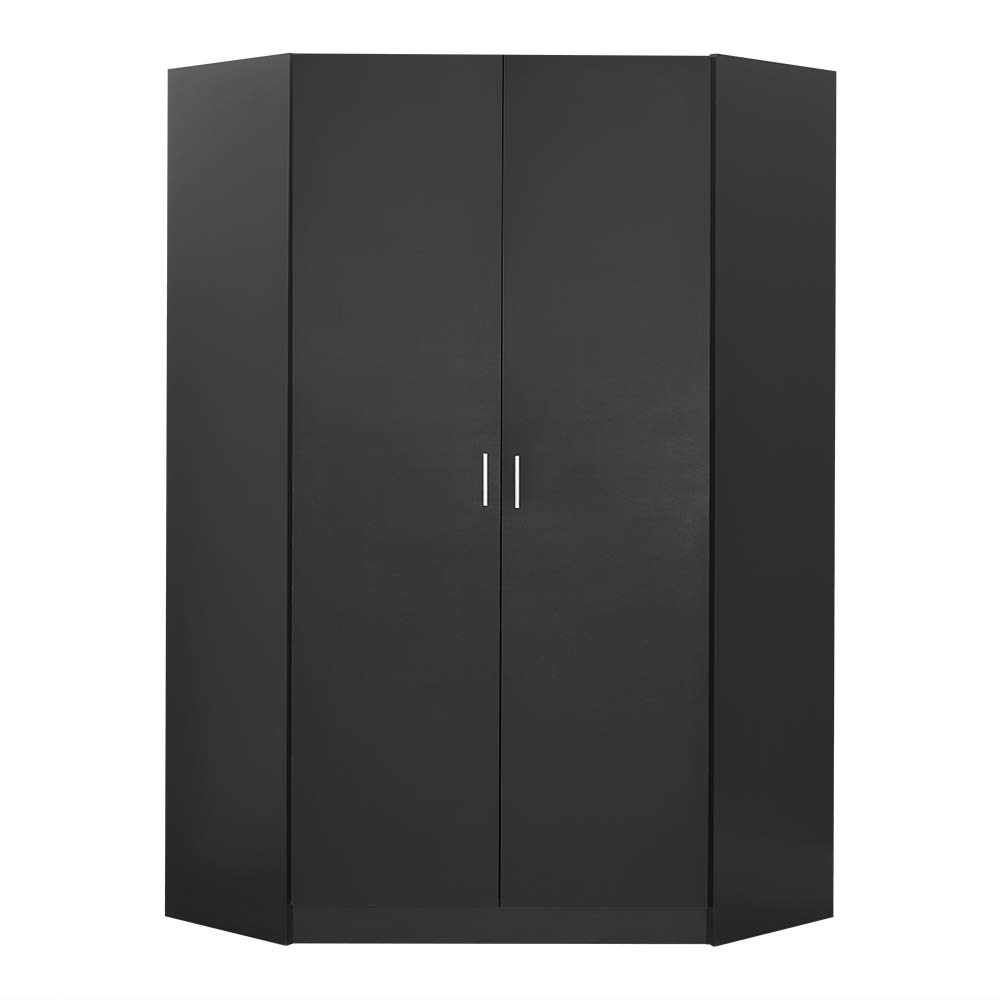 Modern 2 Doors Pentagon Wardrobes with Hanging Rail Large Clothes Closet Corner Wardrobe Cloth Storage Organiser Space Save for Home Bedroom Furniture (Black)