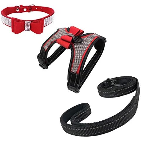 Newtensina 3pcs Bow Ties Bling Cute Dog Harness and Dog Collar with Lead for Dog - Red - M Cover