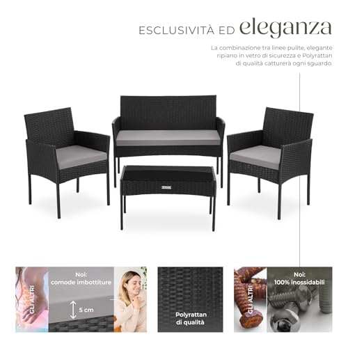 Tectake® Set Da Giardino In Rattan, 4 Posti, Polyrattan Resistente, Cuscini Idrorepellenti Lavabili, Struttura In Acciaio Stabile, Tavolino Con Vetro Di Sicurezza, Arredo Esterno - Nero - 3