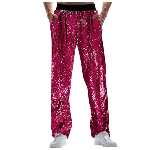 Generico Pantalones metálicos con purpurina para hombre, estilo Hip Hop y disco, para verano, boda, caminata, informal, transpirable, para baile y carnaval, Baggy, Jogger, Streetwear y Clubwear, Rosa