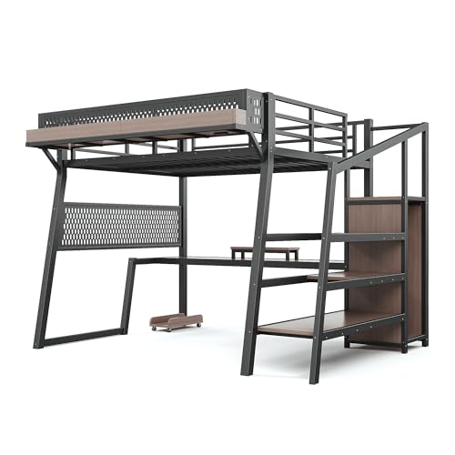 Image of Bellemave Full Size Gaming Loft Bed with Desk and Wardrobe Storage Stairs,Shelves, LED USB, Loft Bed Full Size for Teens Metal, Black