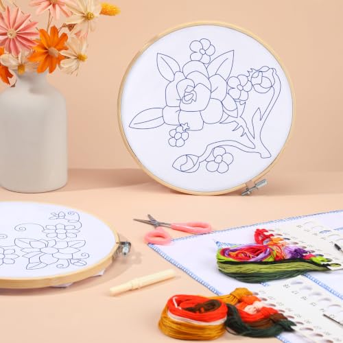 Image of Tioncy 8 Sets Mexican Embroidery Napkins Kit Servilletas para Bordar a Mano Including Mexican Napkin Bamboo Hoop Color Threads and Needles for Beginners Adults DIY Hand Craft Gift(Floral)