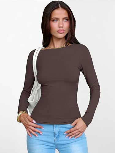 Image of ANRABESS Women's Boat Neck Long Sleeve Shirts Rib Knit Slim Fitting Tops Basic Tees 2026 Casual Comfy Fall Outfits Clothes