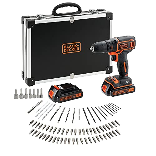 Image of BLACK+DECKER 18V Li-Ion Cordless Drill with Charger - Includes 80 Accessories and 2 1.5Ah Batteries - Delivered in a Box - For Metal, Wood, and Face Stains BDCDC18BAFC-QW