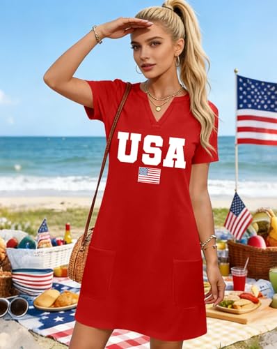 Image of Ithalt 4th of July Dresses for Women Patriotic Dress Red White and Blue Outfits American Flag V Neck Sundress with Pockets