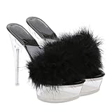 KOMBIUDA Sandalias para Niña con Tacón Fino y Diseño Peludo Cómodas y Elegantes Sandalias Transparentes de Cristal Negras Talla para Verano y Destacar Tu Estilo