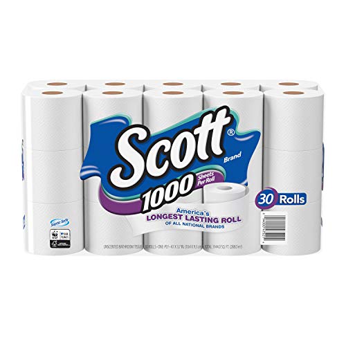 Image of Quick Dissolving Scott 1000 Sheet Toilet Paper Bathroom Tissue, 30 Rolls