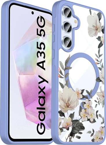 Image of VONZEE Compatible with Samsung Galaxy A35 5G Case Luxury Retro Flowers Floral Clear for Magnetic Wireless Charging Case Shockproof PC+TPU Cute Glossy Shiny Cover for Girls Women, Official Blue