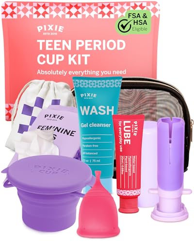 Pixie Cup Teen Menstrual Cup Kit - Best First Period Cup Starter Kit - Wash, 20 Wipes, Lube, Public Restroom Carry Cup & Storage Bag - Proven to Be What You Need to Become A Successful Cup User